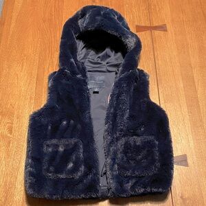 Girls navy faux fur vest with hood